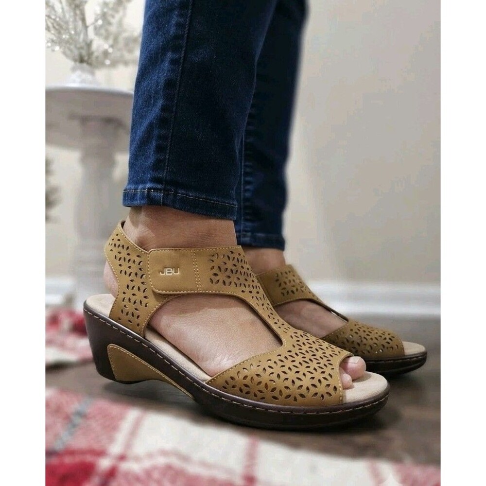 JBU By Jambu Chloe Vegan Brown Laser Cut Wedge Sandals  11M Memory Foam Comfort